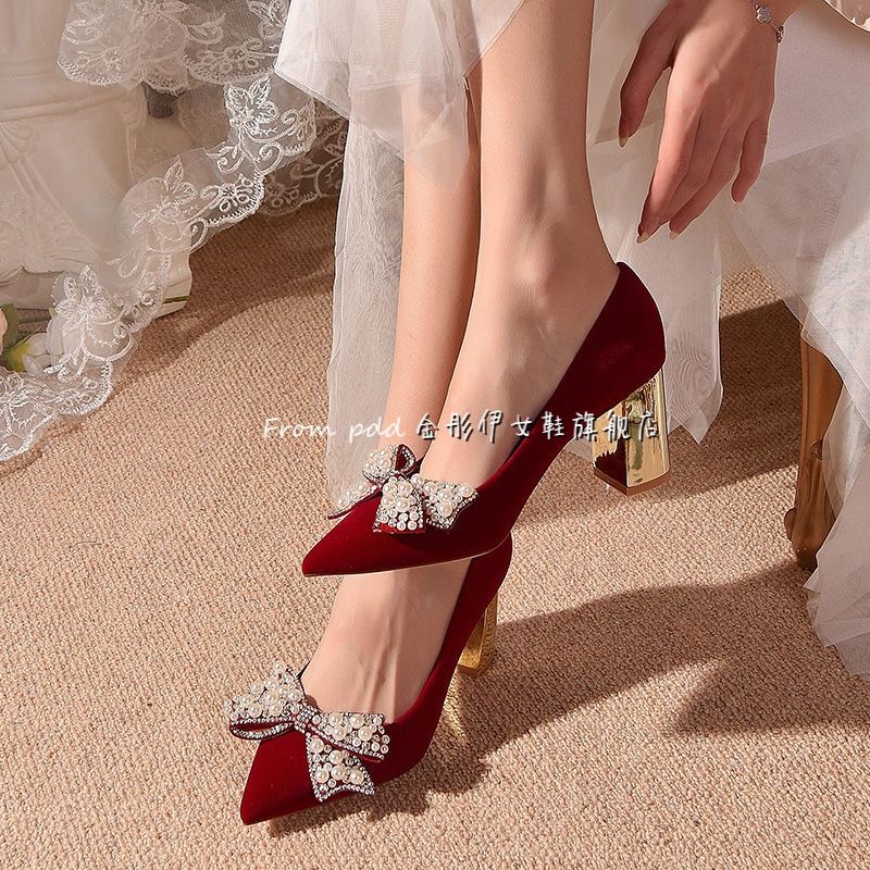 红色婚鞋女平底2022年新款新娘鞋不累脚孕妇可穿中式秀禾服结婚鞋