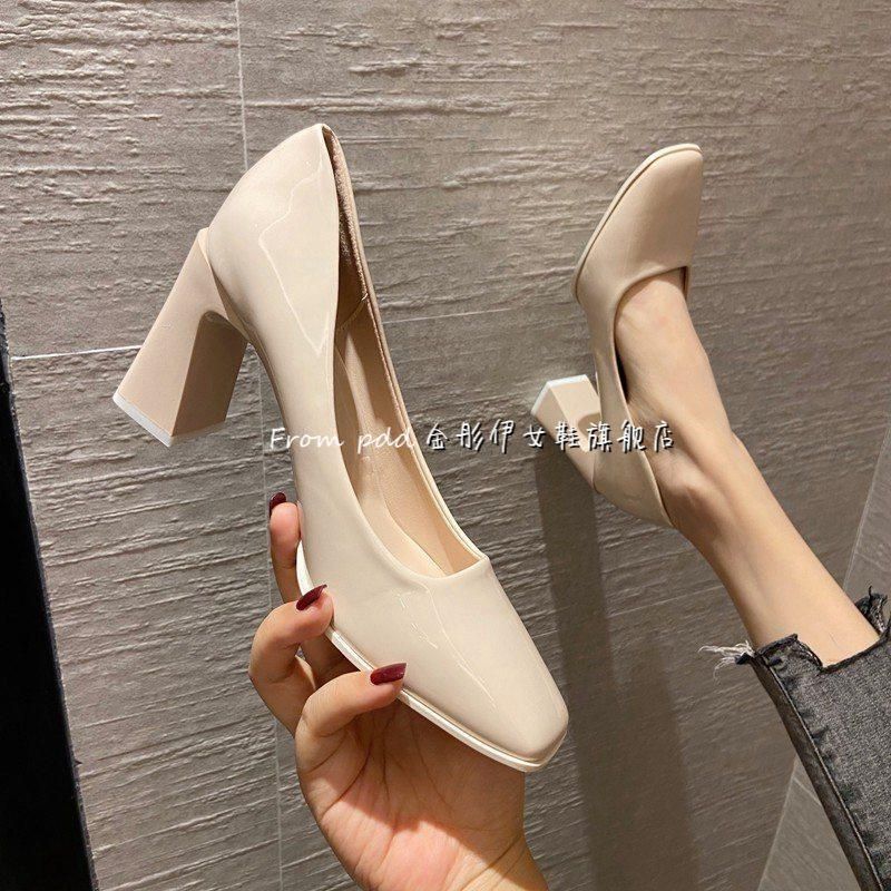 粗跟單鞋女2021春季新款復古方頭漆皮小皮鞋仙女配裙子的高跟鞋子