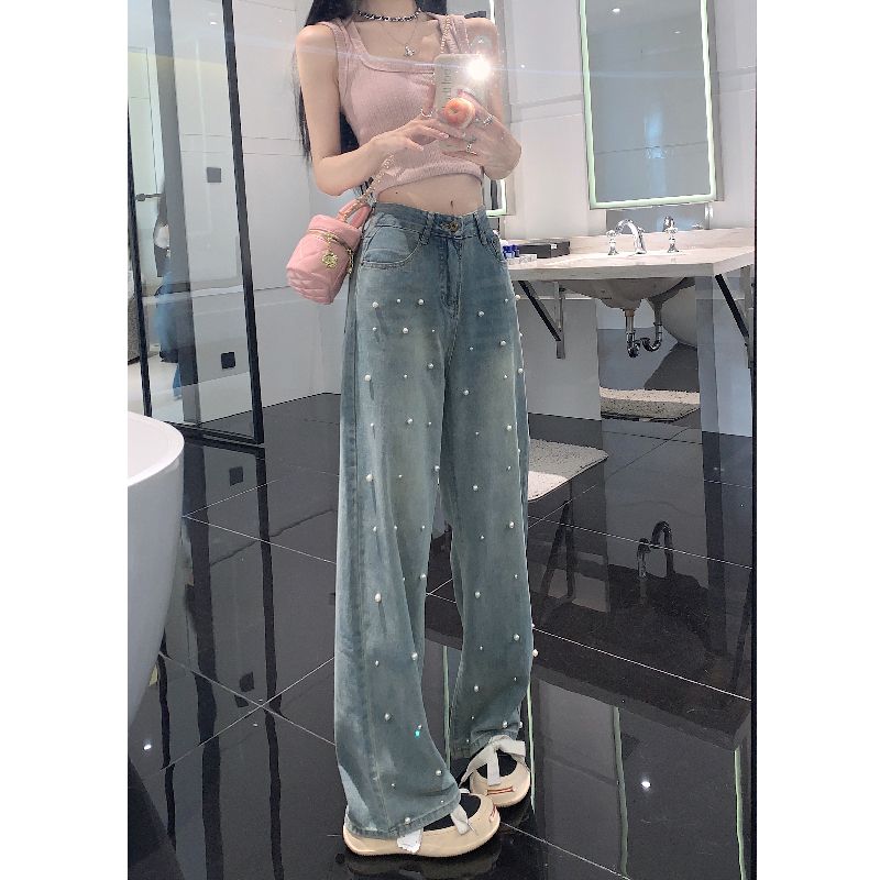 Hong Kong style retro high-waisted wide-leg pearl jeans for women new summer straight pants loose slimming floor-length pants