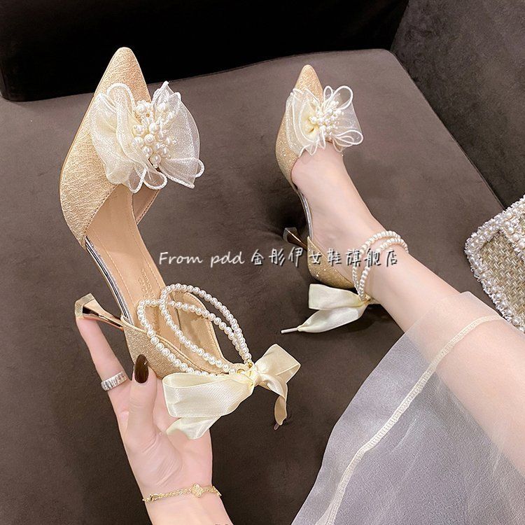 法式蝴蝶结新娘珍珠白色设计感小众珍珠主婚纱高跟鞋结婚鞋多穿