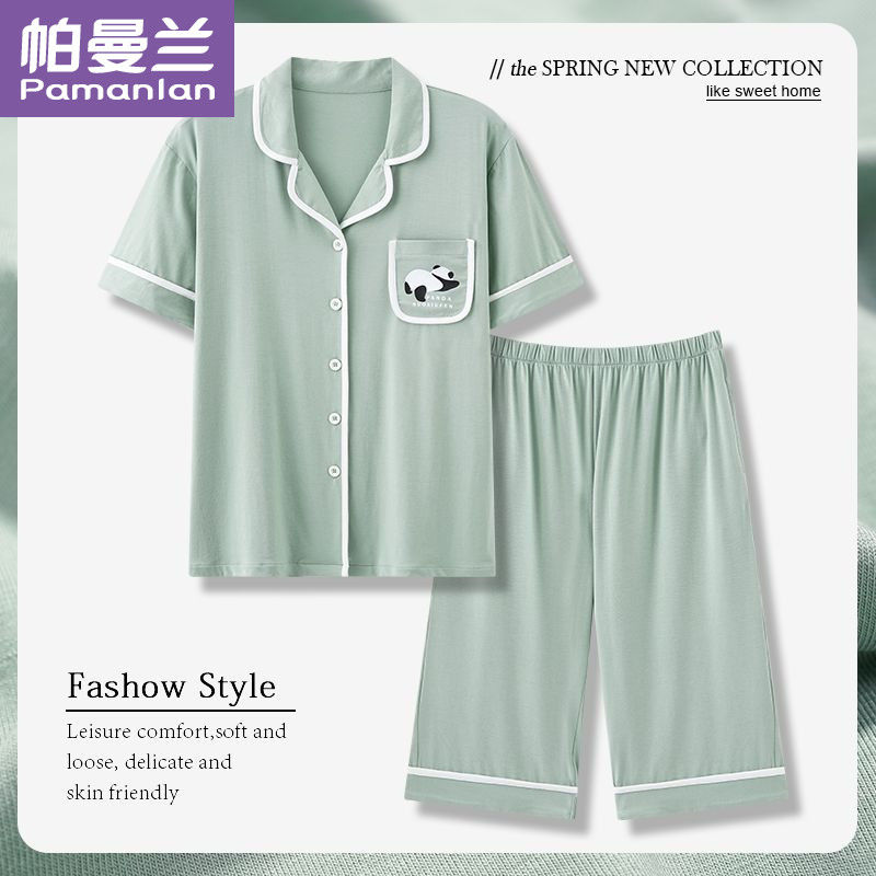 莫代爾睡衣女夏季短袖七分褲甜美可愛薄款寬鬆休閒家居服外穿套裝