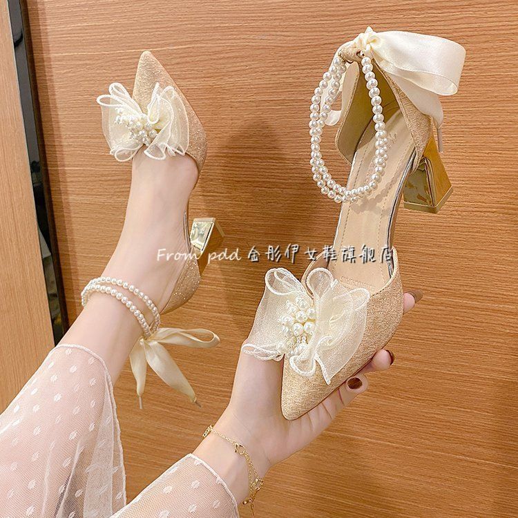法式蝴蝶结新娘珍珠白色设计感小众珍珠主婚纱高跟鞋结婚鞋多穿