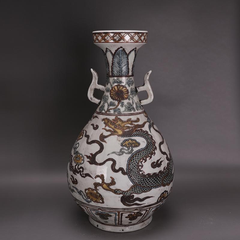 元代卵白釉沥粉描金瓷器三爪龙纹玉壶春瓶古玩古董收藏老物件摆件