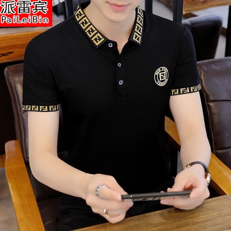 Lapel collar POLO men's short-sleeved T-shirt summer trendy brand casual slim half-sleeved collared British style men's top clothes men