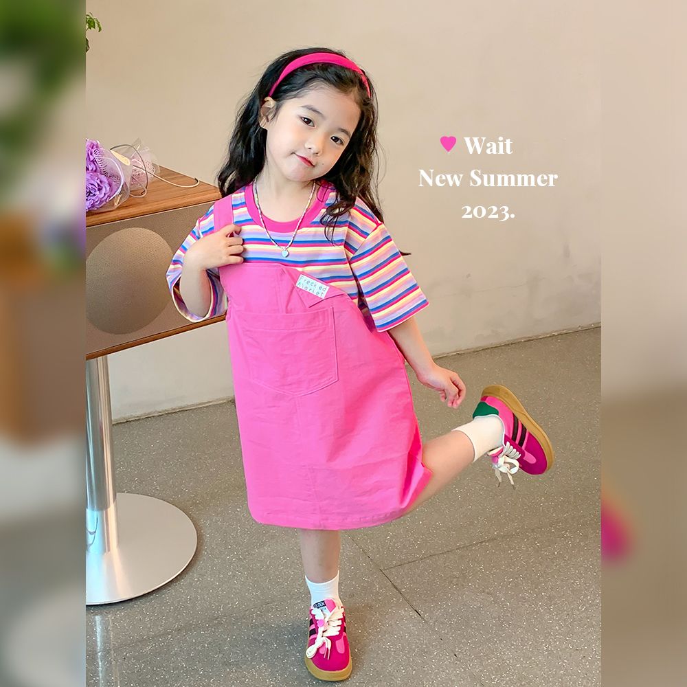 Girls' dress 2023 children's summer new foreign style fake two-piece splicing skirt baby fashionable princess skirt tide