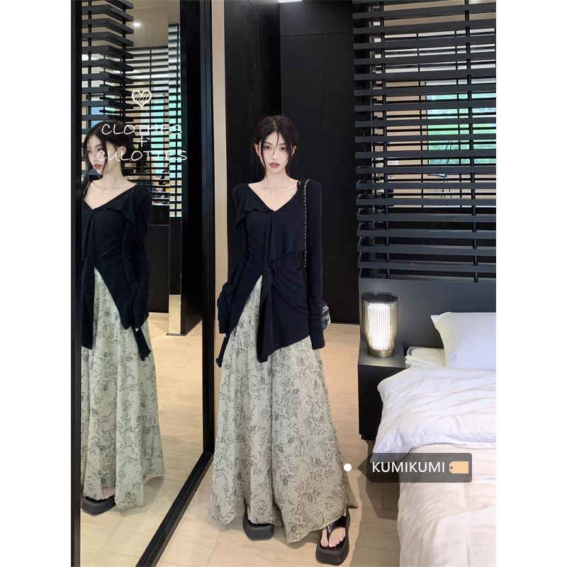 法式套裝女設計感V領辣妹上衣2023夏季休閒闊腿褲裙新中式兩件套