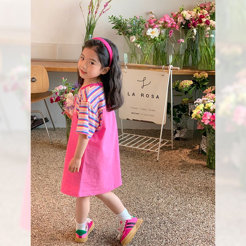 Girls' dress 2023 children's summer new foreign style fake two-piece splicing skirt baby fashionable princess skirt tide