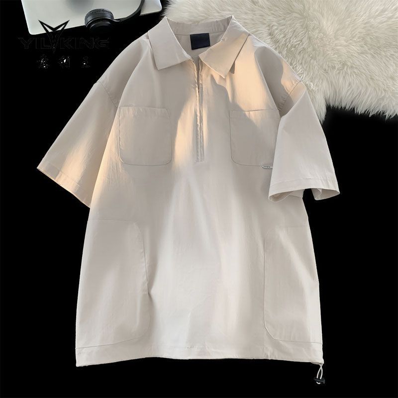 意利王半拉链短袖t恤男夏季polo翻领美式复古新款设计感小众上衣
