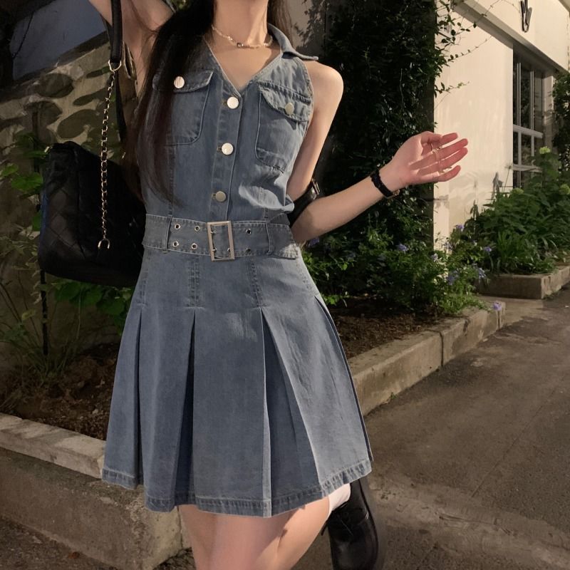 High-end slimming French retro temperament short denim dress female summer small waist hot girl skirt