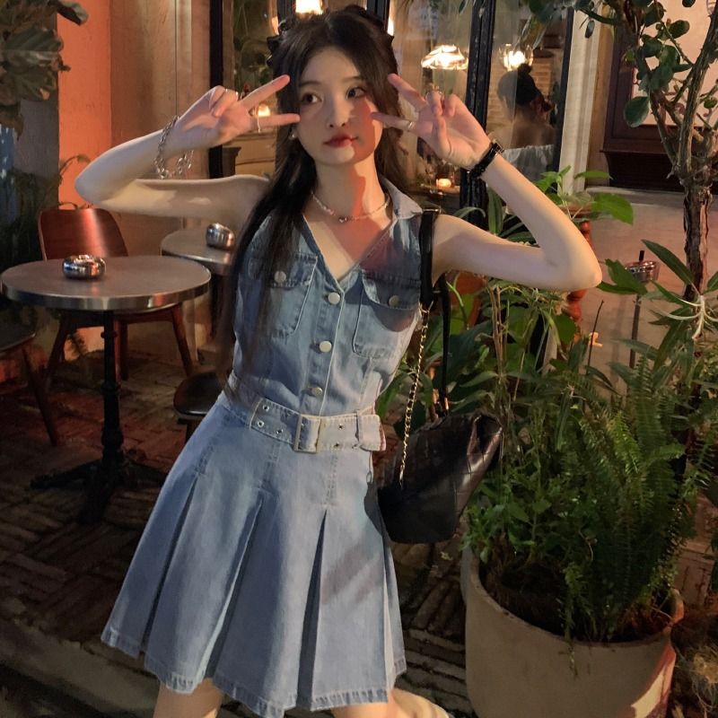 High-end slimming French retro temperament short denim dress female summer small waist hot girl skirt