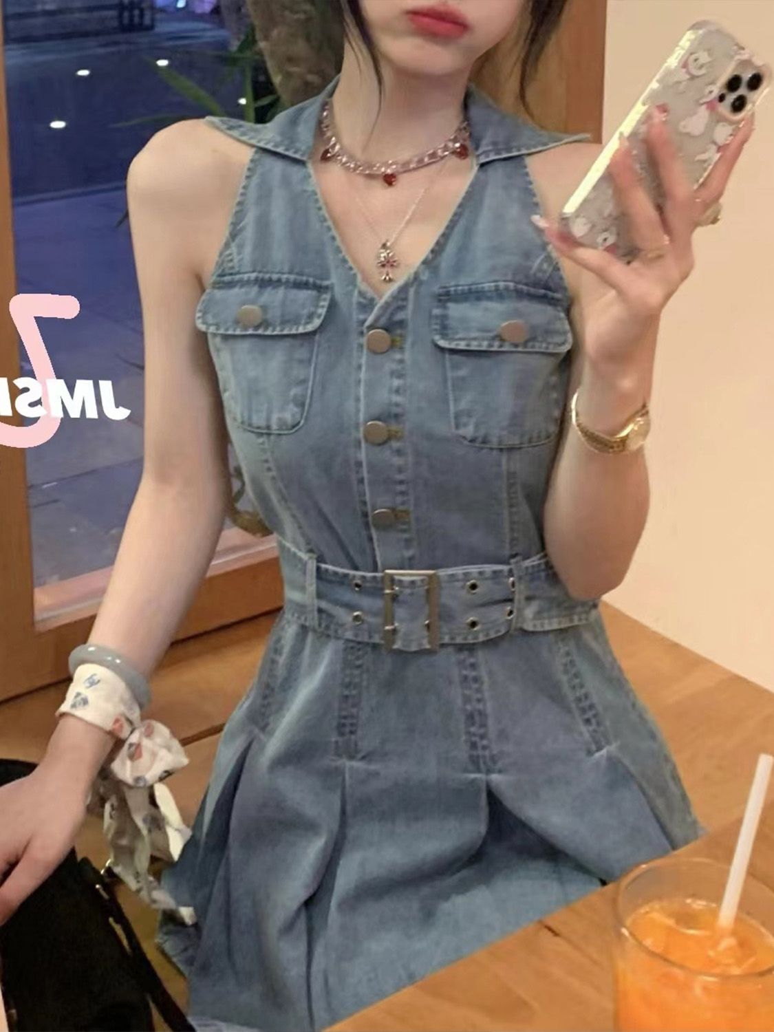 French new style beautiful sleeveless halter neck denim dress small design pure desire pleated skirt women summer