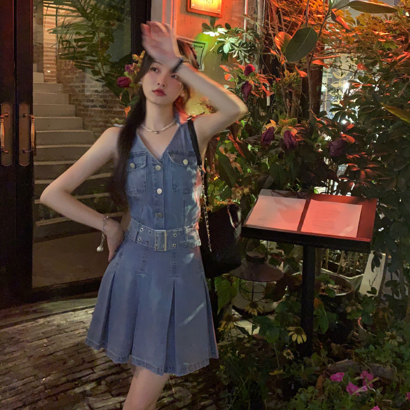 High-end slimming French retro temperament short denim dress female summer small waist hot girl skirt