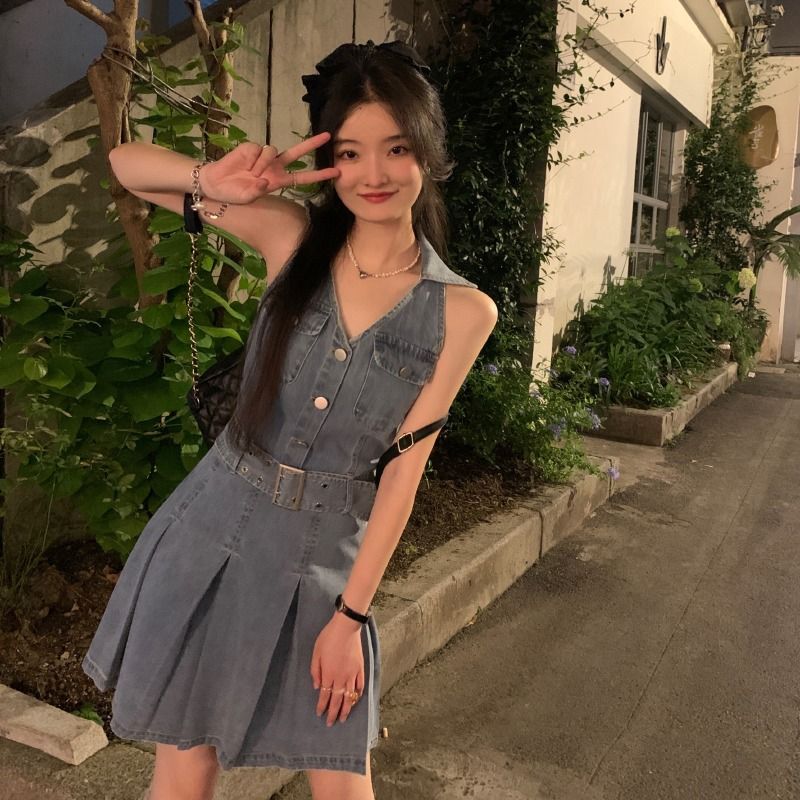 High-end slimming French retro temperament short denim dress female summer small waist hot girl skirt