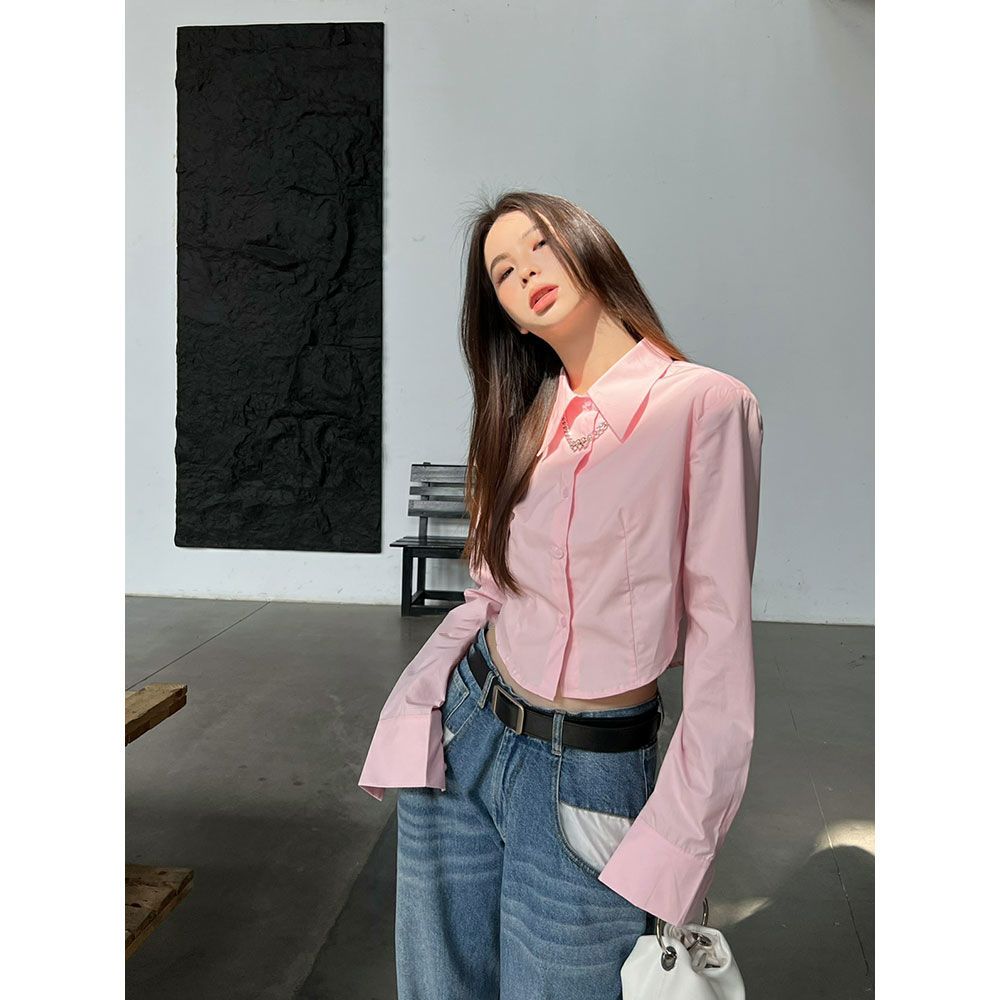 夏季2023年新款美式辣妹氣質百搭寬鬆襯衣女時髦洋氣純色短款襯衫