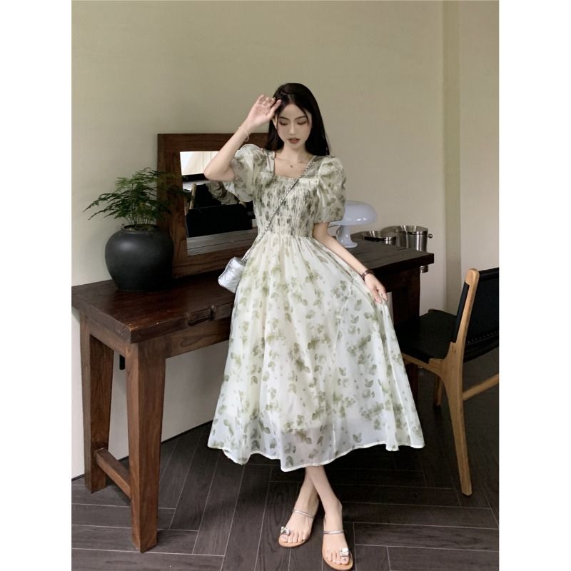 French pastoral style chiffon floral dress women's summer 2023 new square collar mid-length slim waist skirt