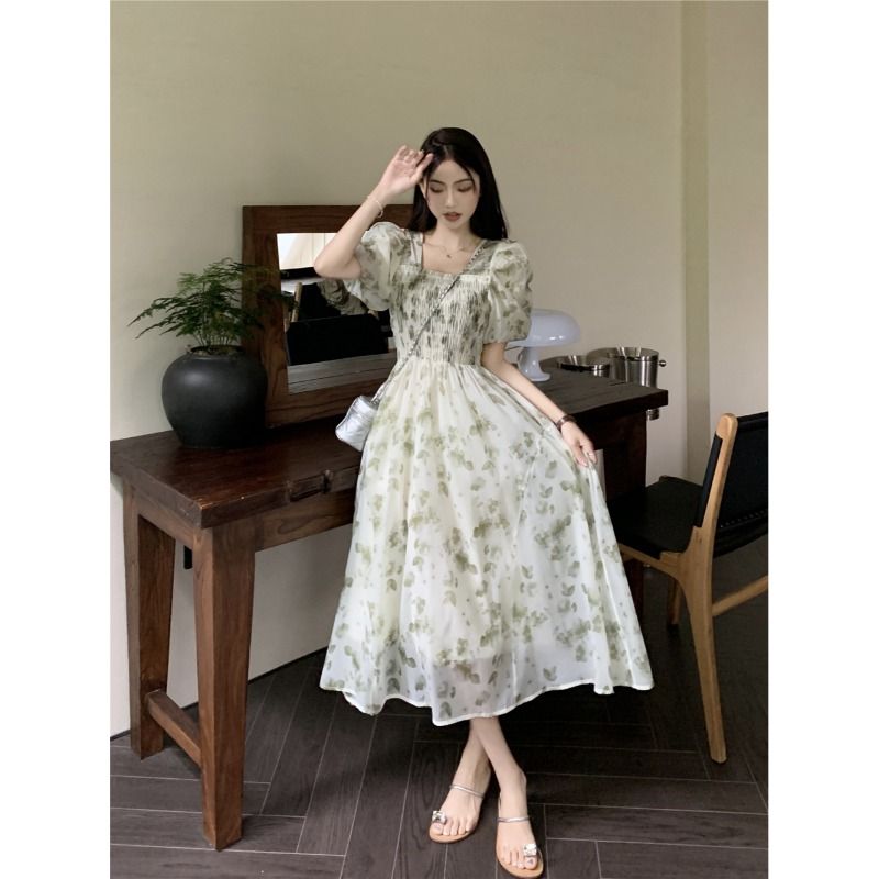 French pastoral style chiffon floral dress women's summer  new square collar mid-length slim waist skirt