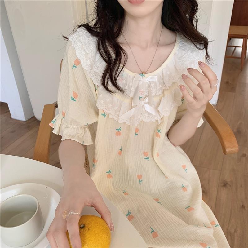 Korean ins fresh tulip baby cotton nightdress female summer cute lace doll collar can be worn outside home clothes