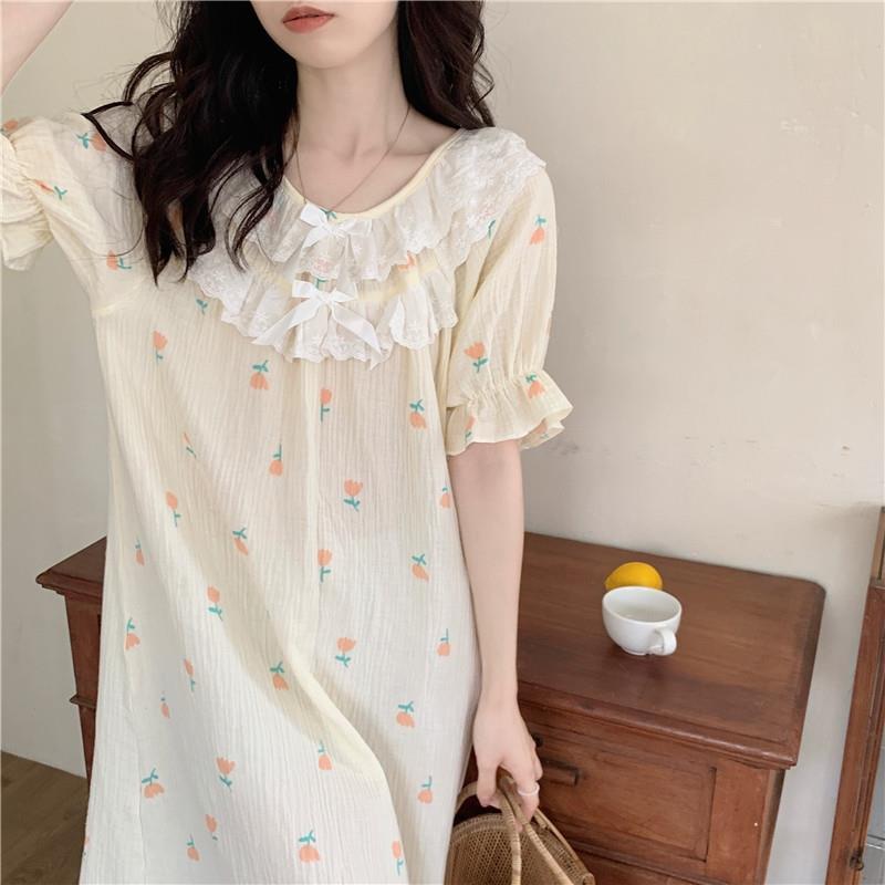 Korean ins fresh tulip baby cotton nightdress female summer cute lace doll collar can be worn outside home clothes