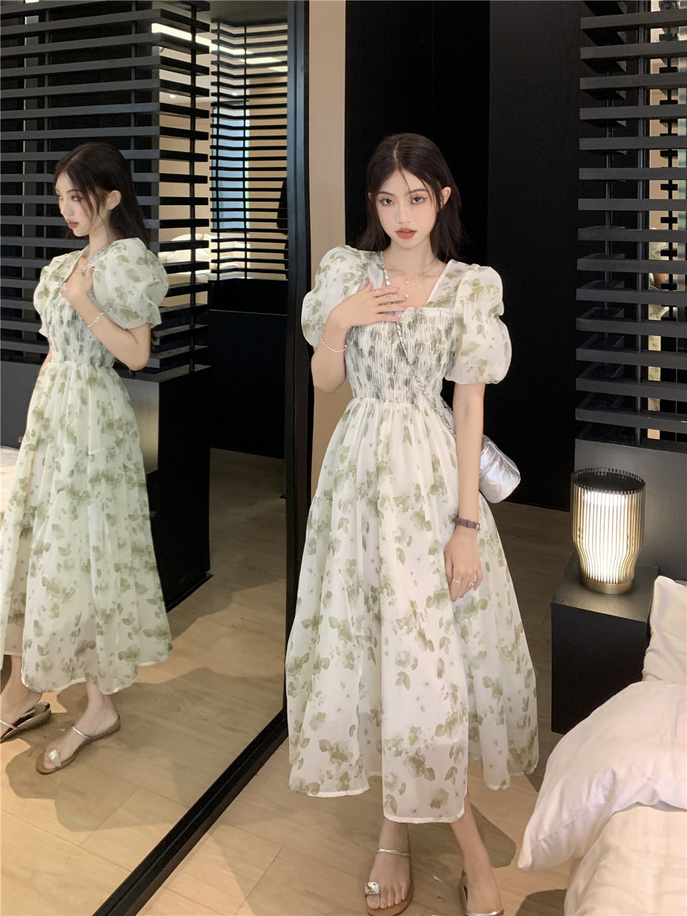 French pastoral style chiffon floral dress women's summer  new square collar mid-length slim waist skirt