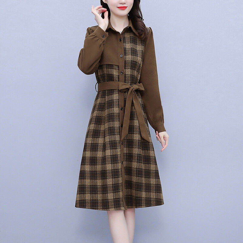 格子拼接襯衫連衣裙女2023年春秋季新款系帶收腰寬鬆中長款裙子