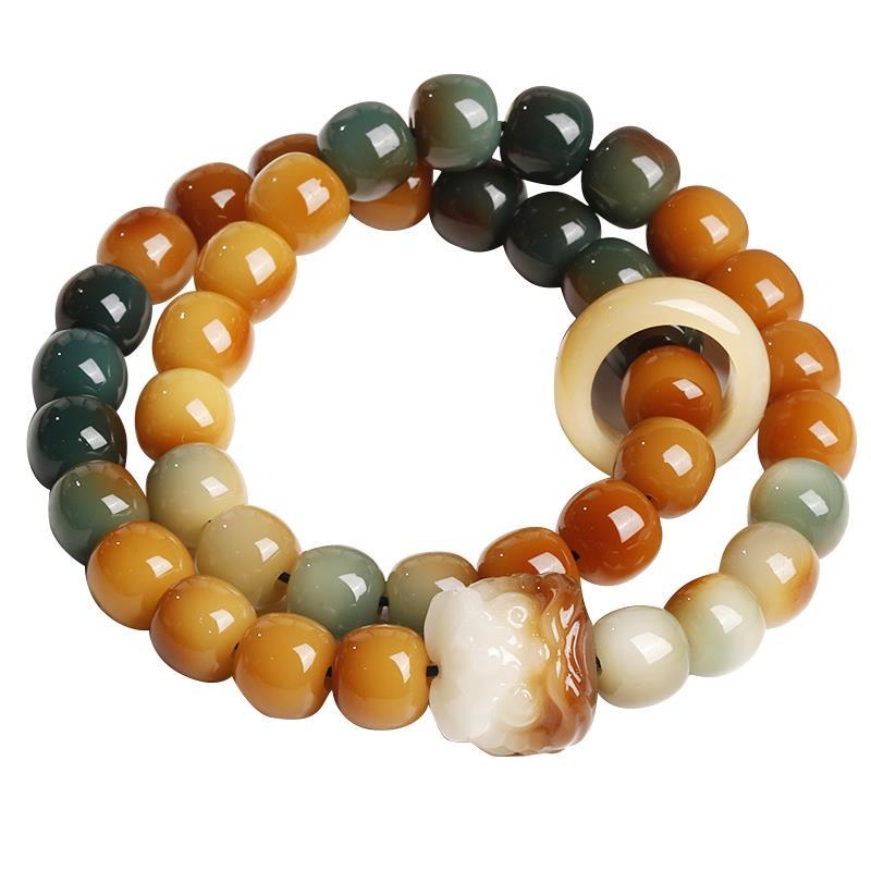 Bracelet authentique haut de gamme, couleur crème, orné d'une racine de Bodhi. Accessoire culturel à double boucle, inspiré de la danse du lion. Souple et flexible._voghion.com