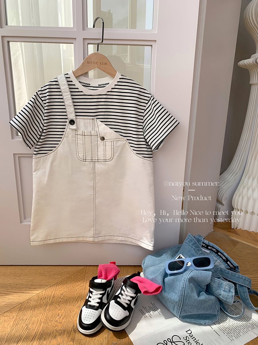 Children's clothing girls' skirts children's girls  new summer children's fake two-piece dress baby striped suspender skirt