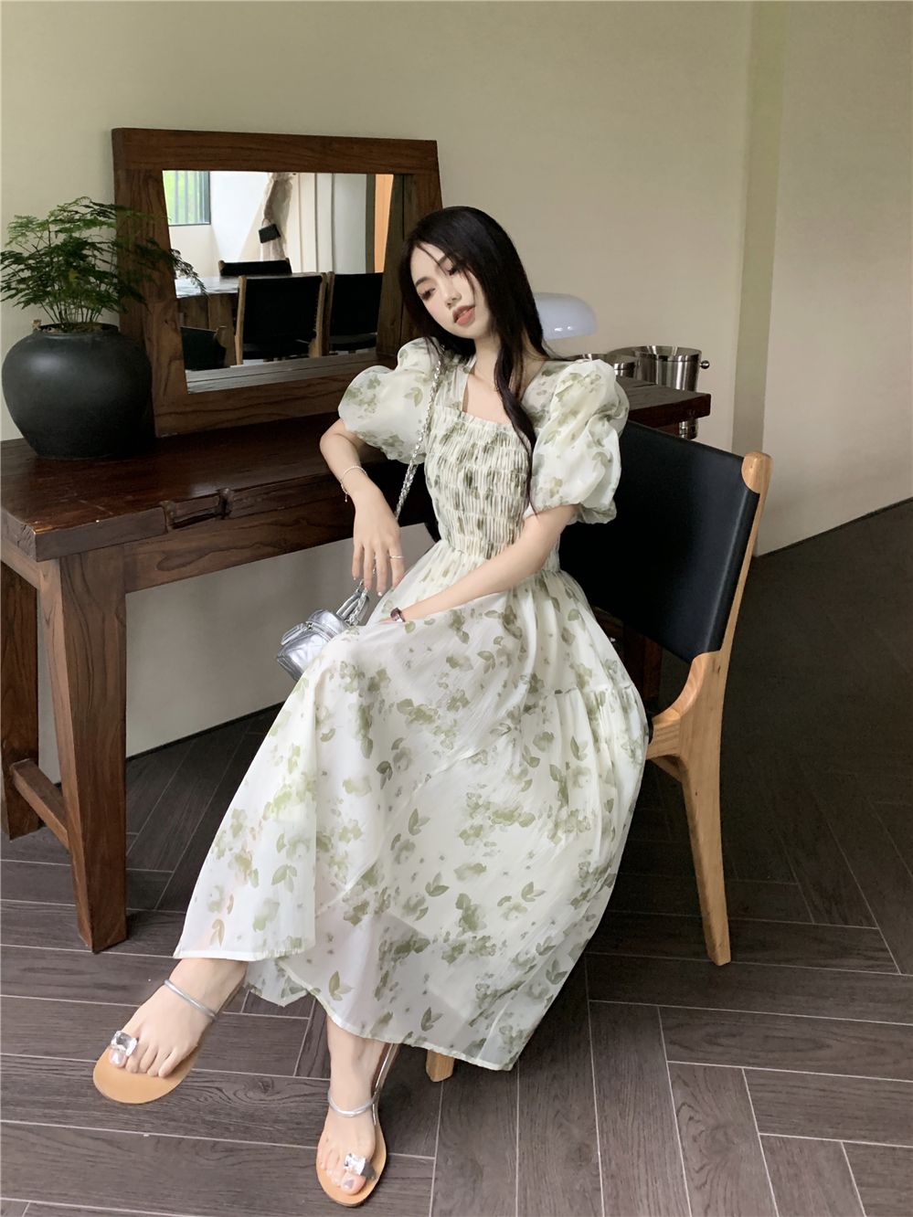 French pastoral style chiffon floral dress women's summer  new square collar mid-length slim waist skirt