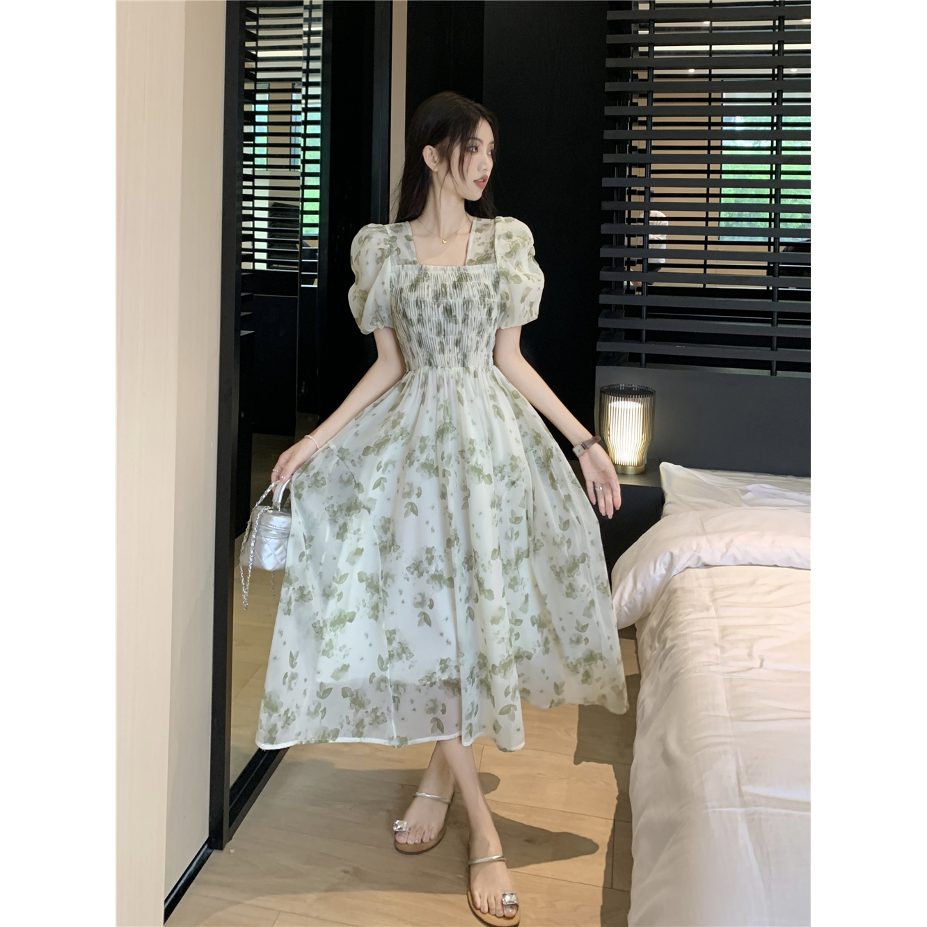 French pastoral style chiffon floral dress women's summer  new square collar mid-length slim waist skirt