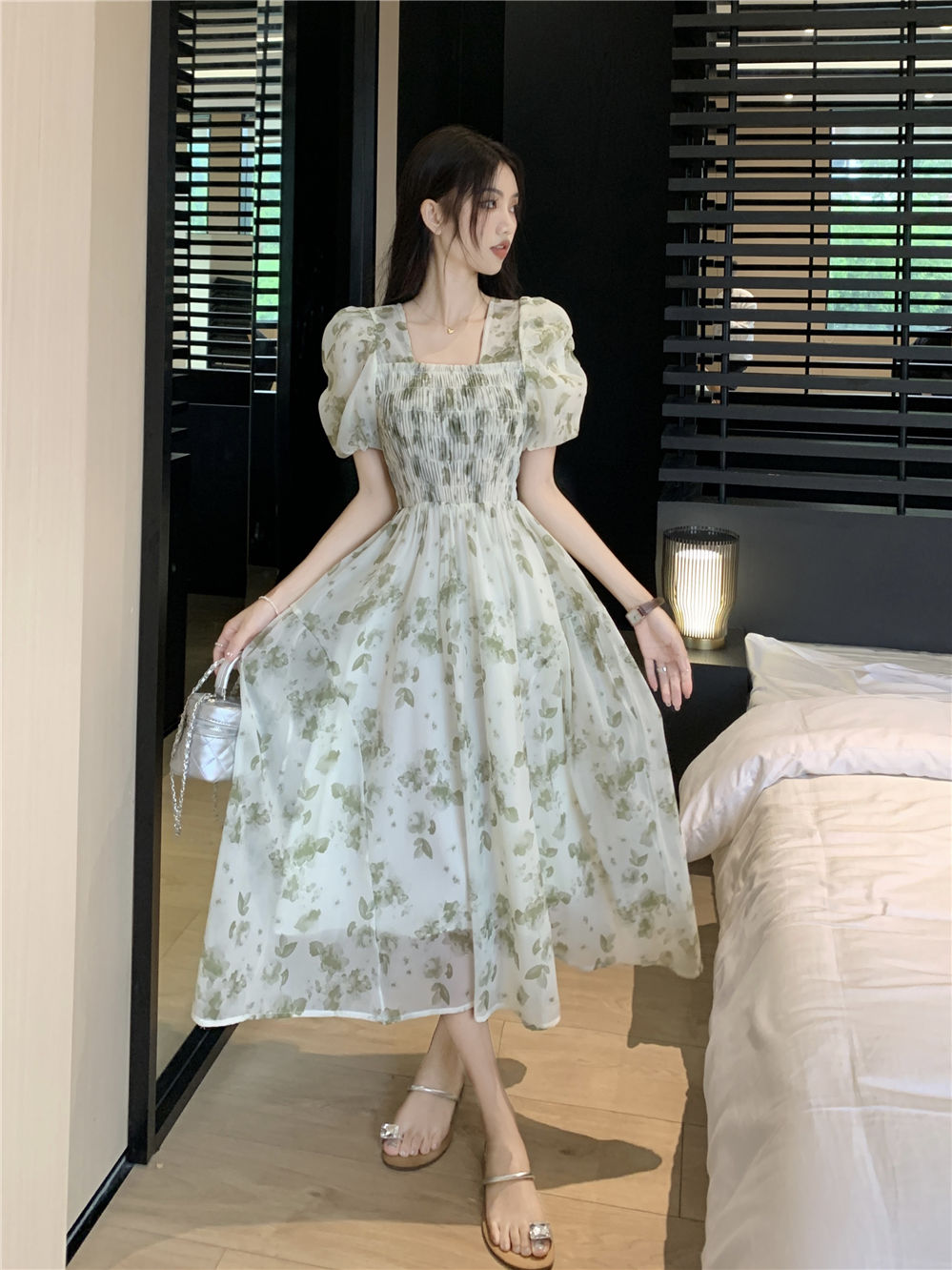 French pastoral style chiffon floral dress women's summer  new square collar mid-length slim waist skirt