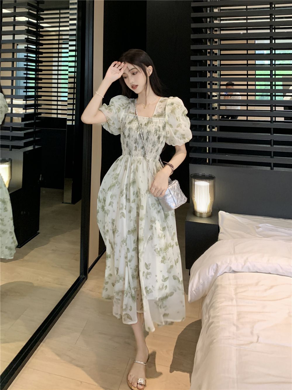 French pastoral style chiffon floral dress women's summer  new square collar mid-length slim waist skirt