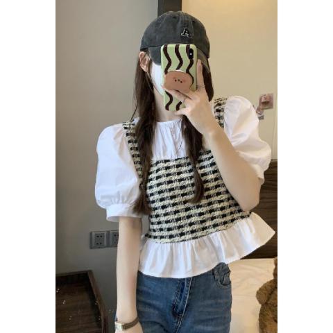 夏季漂亮洋氣小衫法式假兩件短袖襯衫女士設計感小眾甜美別致上衣