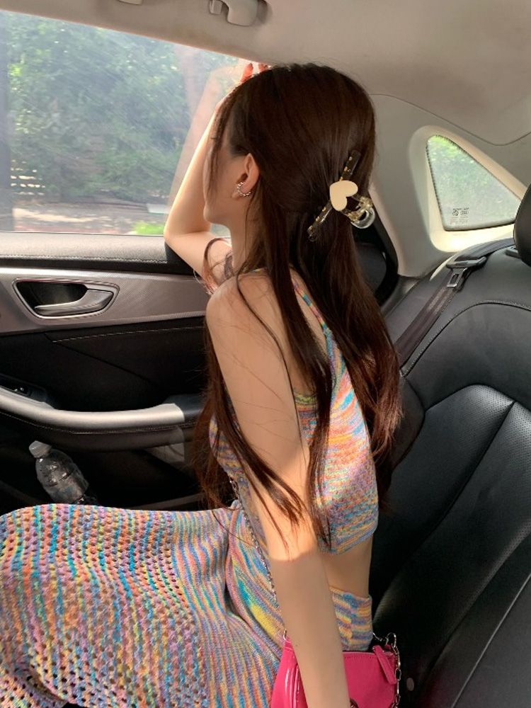 韩版辣妹复古彩虹条纹设计感时尚两件套装海边度假吊带背心包臀裙