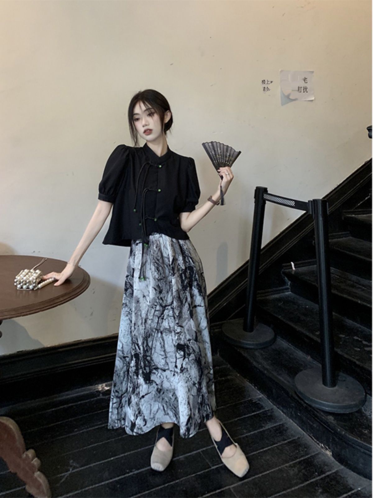 中國風設計感短袖襯衫水墨畫雪紡半身裙女夏季2023新款時尚兩件套