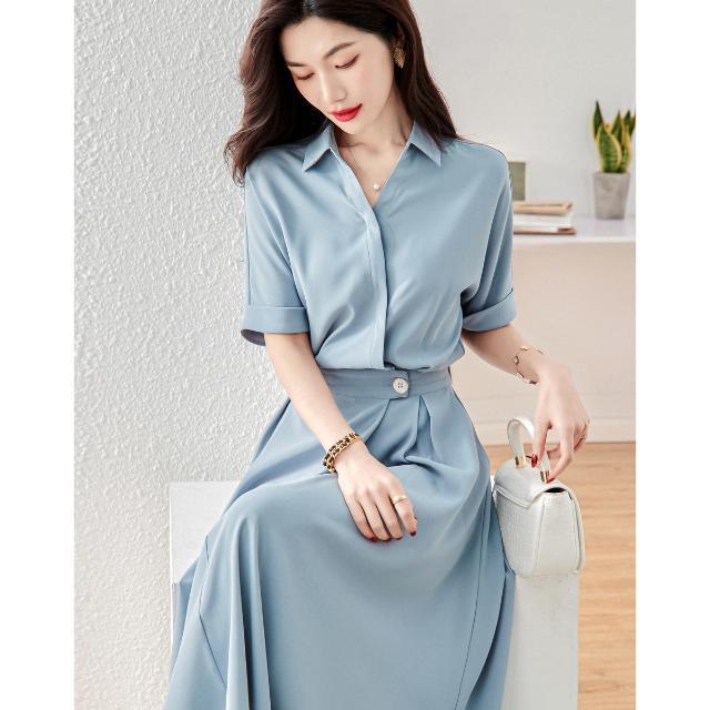 2023新款新款領收腰連袖中腰短袖X型連衣裙女中長款氛圍傘裙女