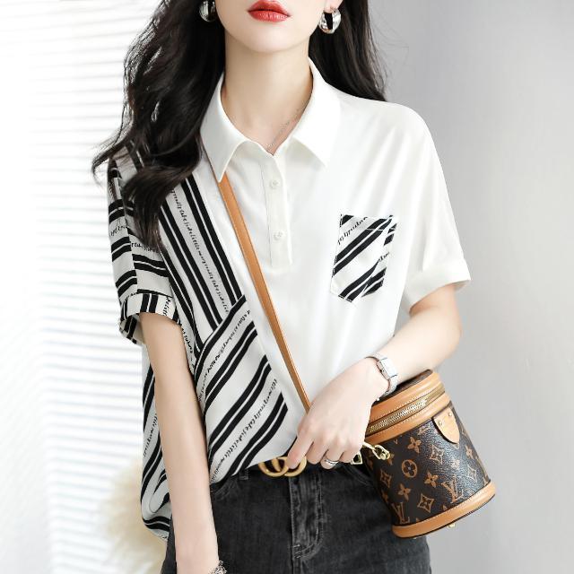 2023夏季新款百搭寬鬆韓版條紋拼接簡約襯衫女輕薄拼接短袖襯衫女