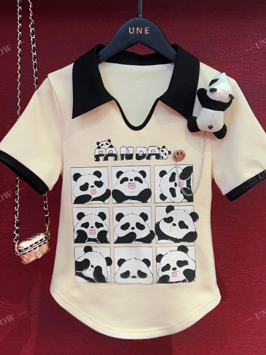 欧货卡通熊猫印花短袖t恤女夏季设计感可拆卸玩偶百搭polo领上衣