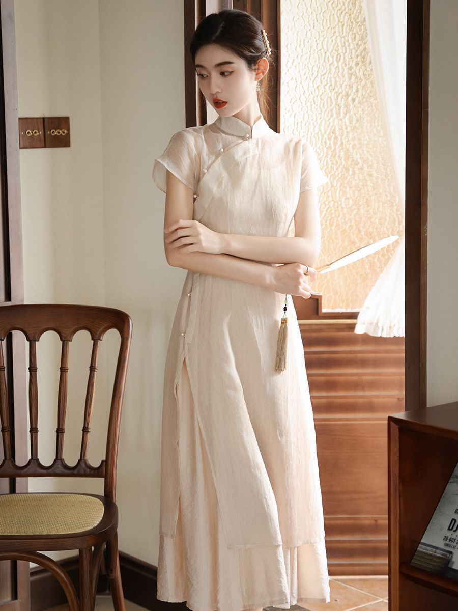 新中式改良版旗袍套装夏季新款法式吊带纯欲风外搭罩衫两件套