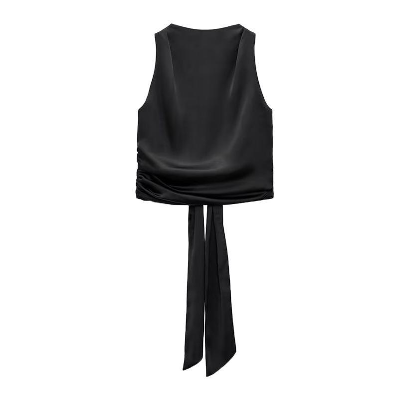 ZAURA round neck sleeveless sexy bow vest open back silk satin top 2442650