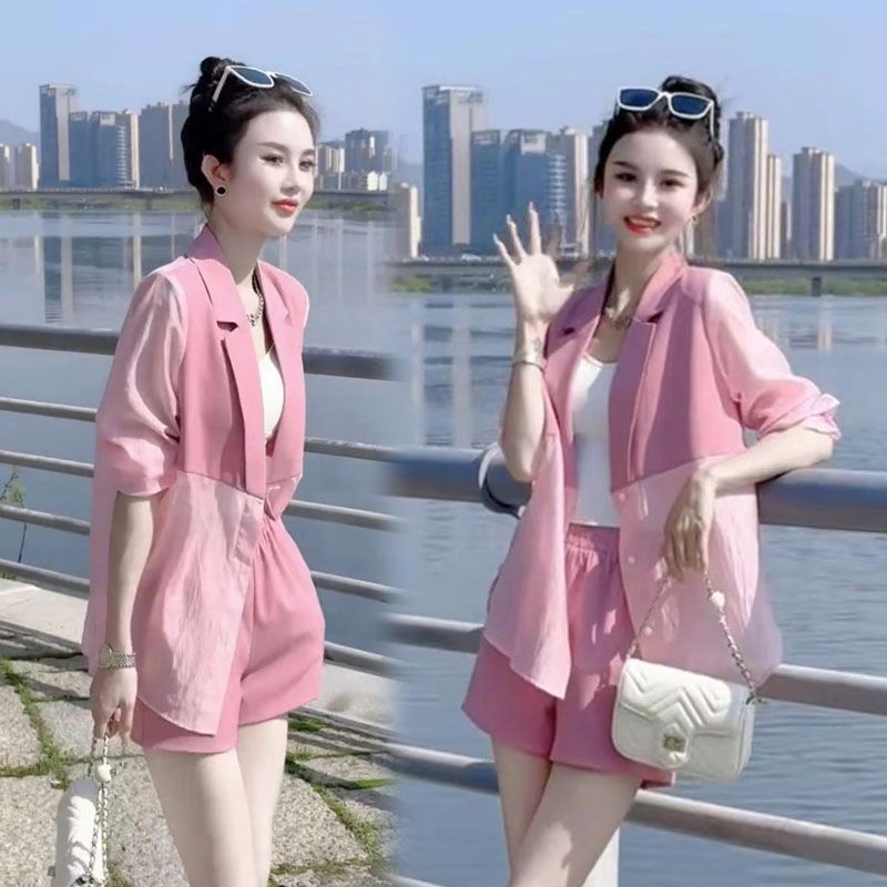 新款韩版时尚套装女夏西装领防晒西服外套气质显瘦短裤两件套