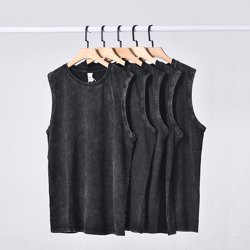 Heavy cotton washed old short-sleeved American retro vest vest men's basketball sleeveless T-shirt loose top