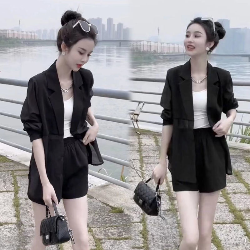 新款韩版时尚套装女夏西装领防晒西服外套气质显瘦短裤两件套