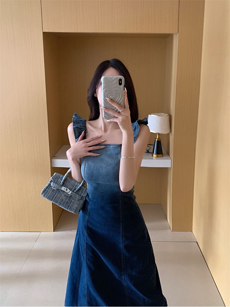 Gradient color denim suspender dress women's summer  new square collar skirt waist small flying sleeves raw edge long skirt