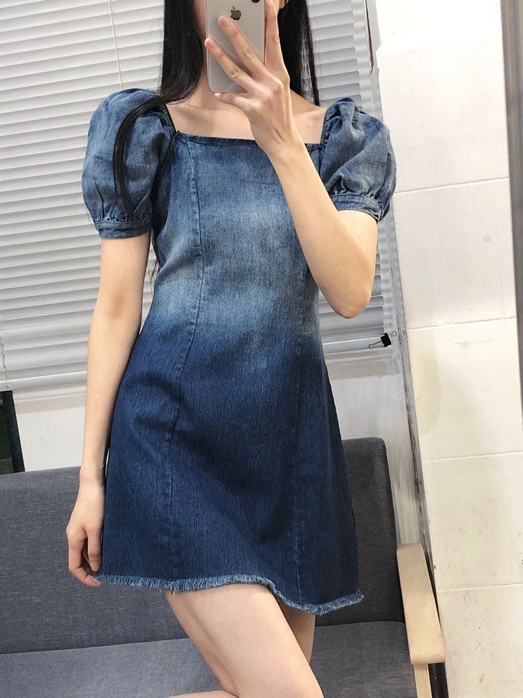 Puff sleeve dress female  spring and summer new niche high waist slimming design denim skirt