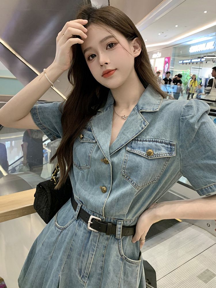 Suit collar denim pleated dress women's summer French style small fragrance waist slimming short-sleeved skirt + belt ins