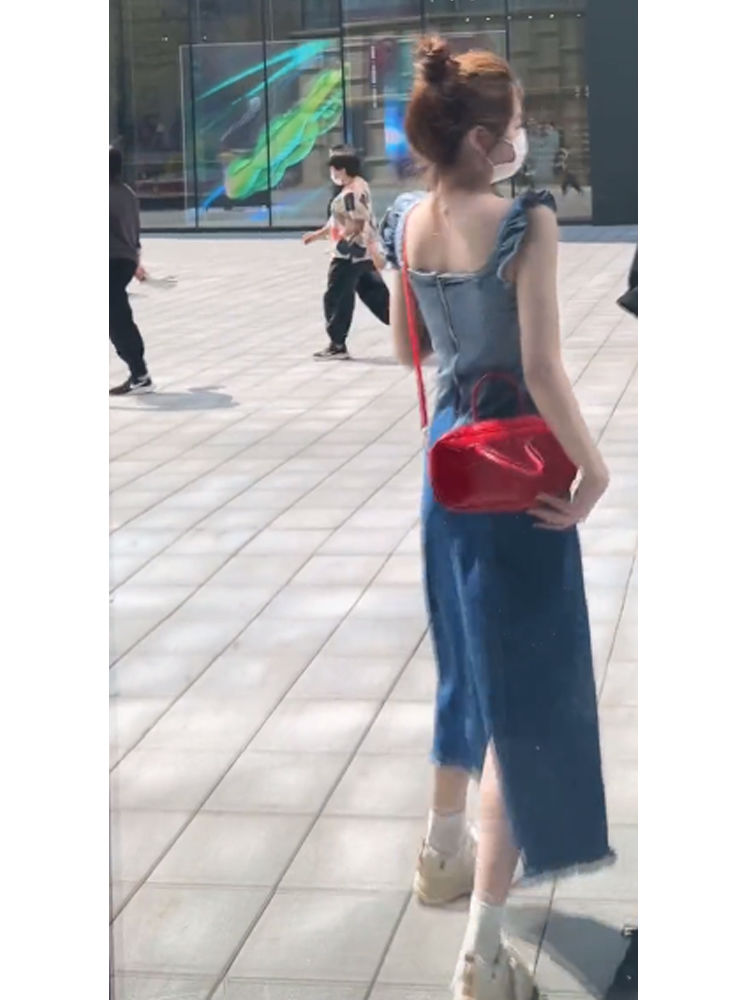 French small flying sleeve denim gradient suspender dress female summer small waist slimming temperament high-end long skirt