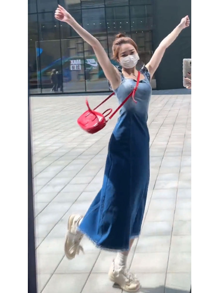 French small flying sleeve denim gradient suspender dress female summer small waist slimming temperament high-end long skirt