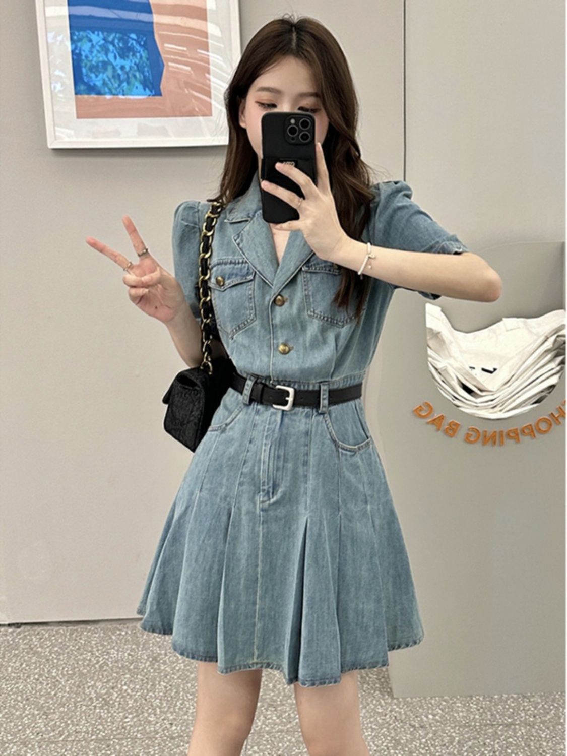 Suit collar denim pleated dress women's summer French style small fragrance waist slimming short-sleeved skirt + belt ins