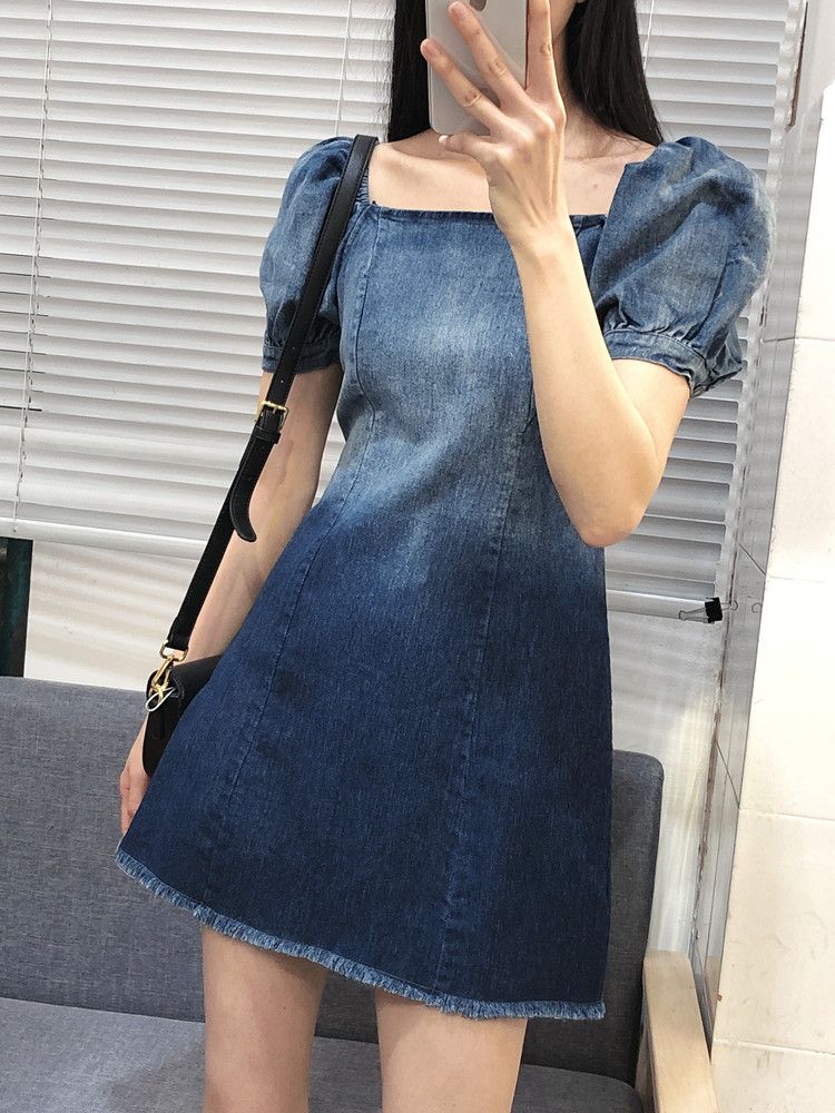 Puff sleeve dress female  spring and summer new niche high waist slimming design denim skirt