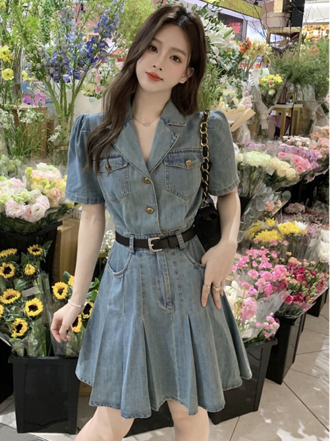 Suit collar denim pleated dress women's summer French style small fragrance waist slimming short-sleeved skirt + belt ins