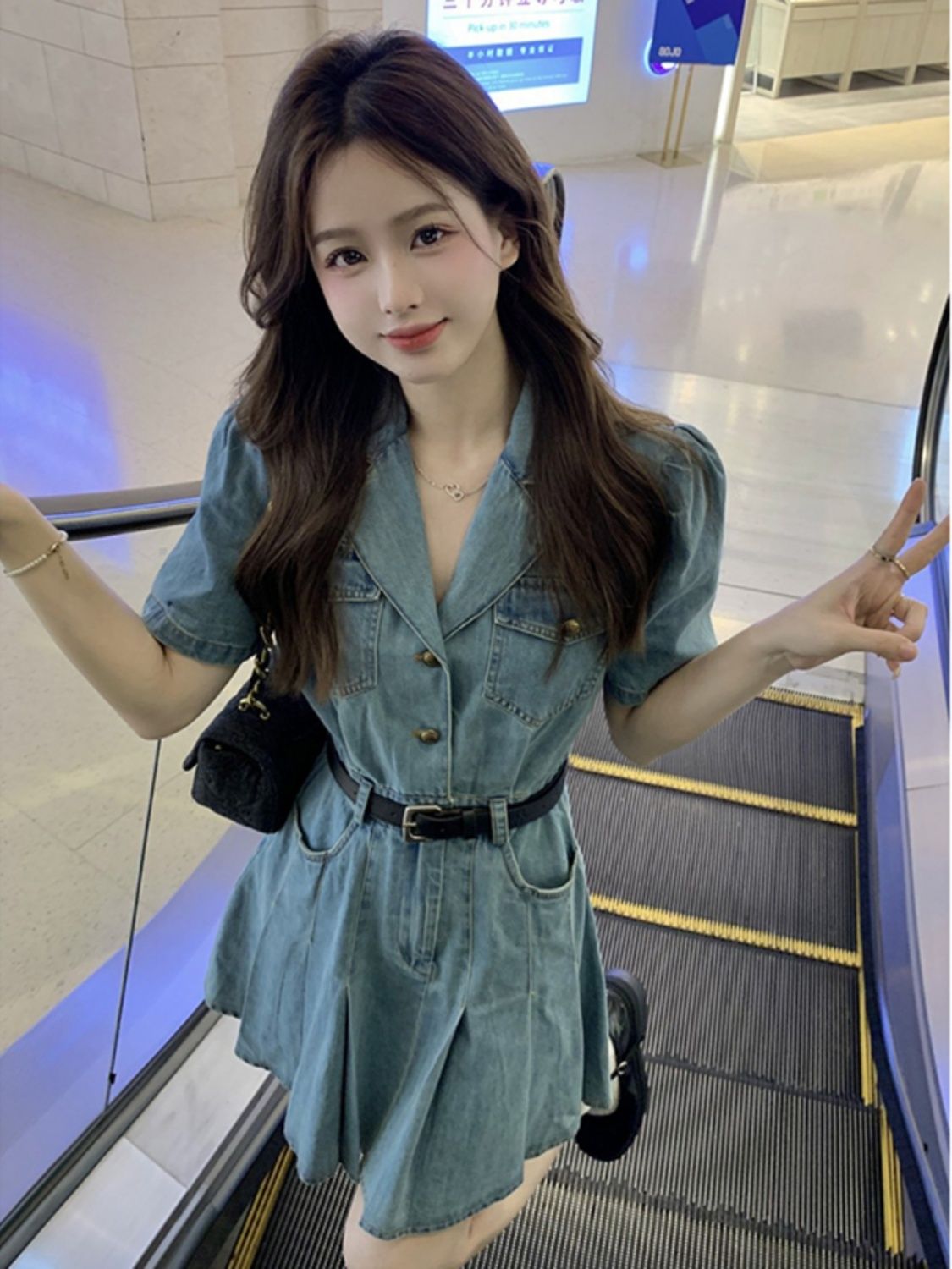 Suit collar denim pleated dress women's summer French style small fragrance waist slimming short-sleeved skirt + belt ins